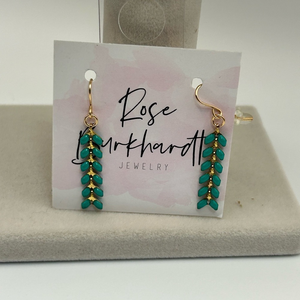 Rose Burkhardt Ivy Earrings 1" Gold tone & Teal Dangle French Wire